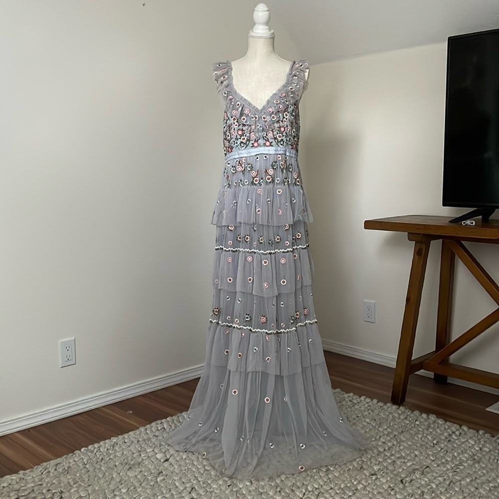 Needle & Thread Sleeveless Embroidered Maxi Dress in Vintage Blue/Periwinkle